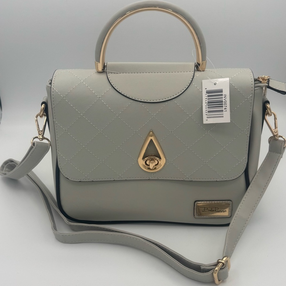 Bella Russo Gray Handbag Purse with Gold Hardware and Adjustable Crossbody Strap